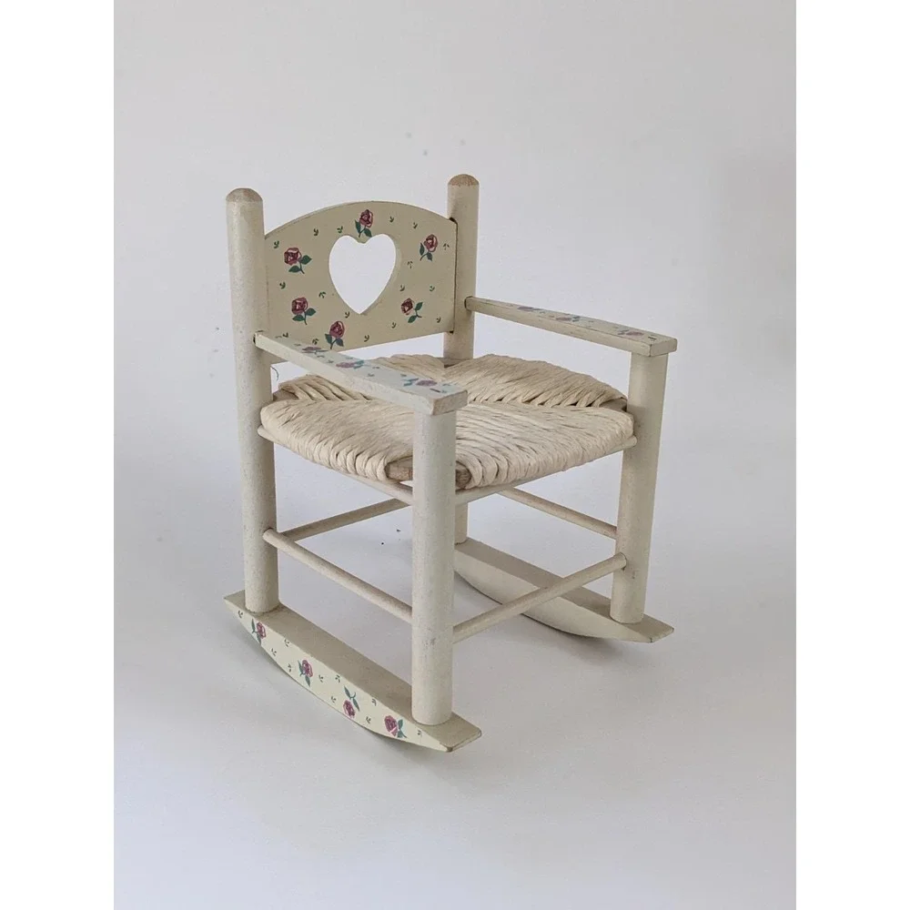 Vintage Miniature Wooden Rocking Chair Heart Cutout Rose Floral Woven Seat 8